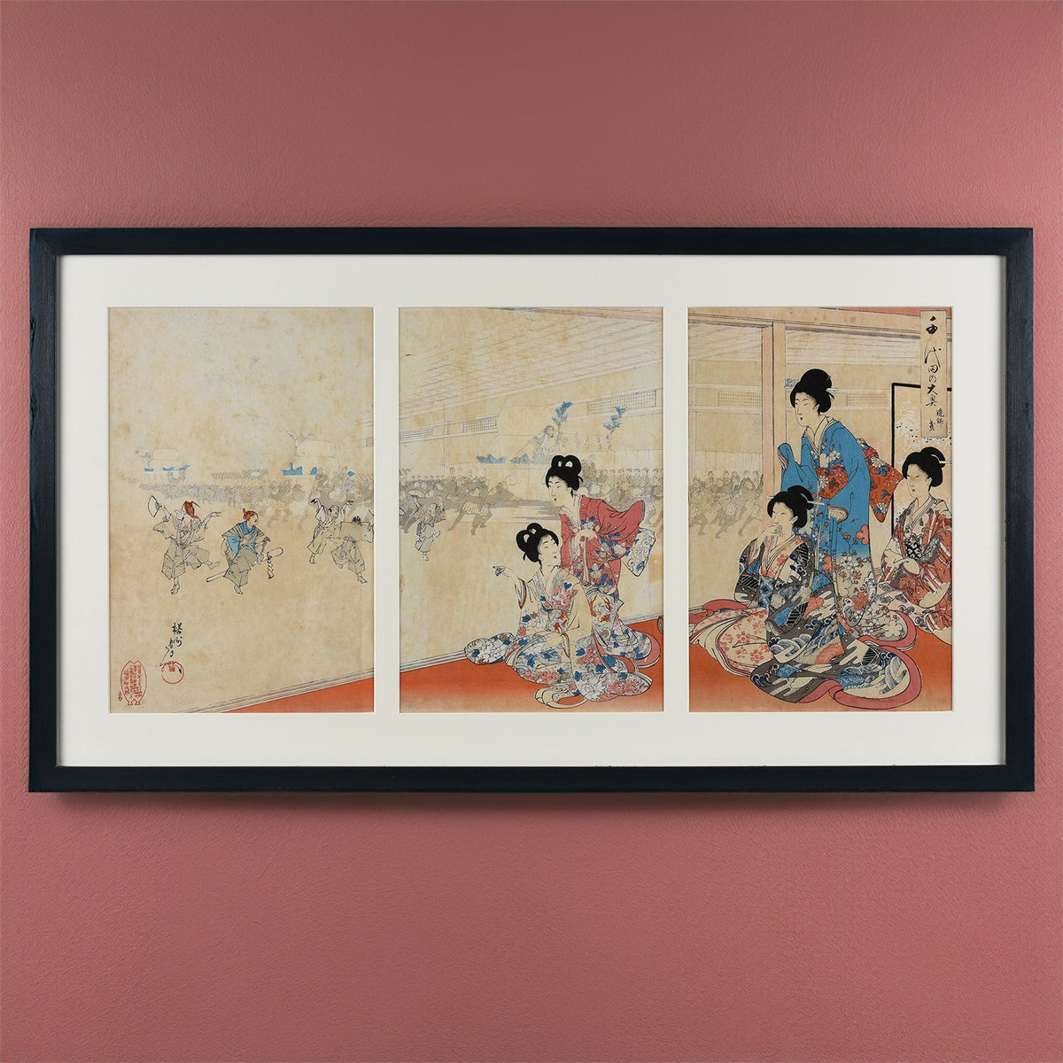 'Rice Cake Parade' Original Woodblock Triptych by Yōshū (Hashimoto) Chikanobu - Ca 1895