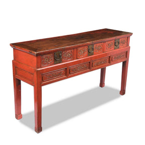 Red Lacquer Oak Altar Table From Zhejiang Province  - Late 19thC