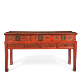 Red Lacquer Oak Altar Table From Zhejiang Province  - Late 19thC