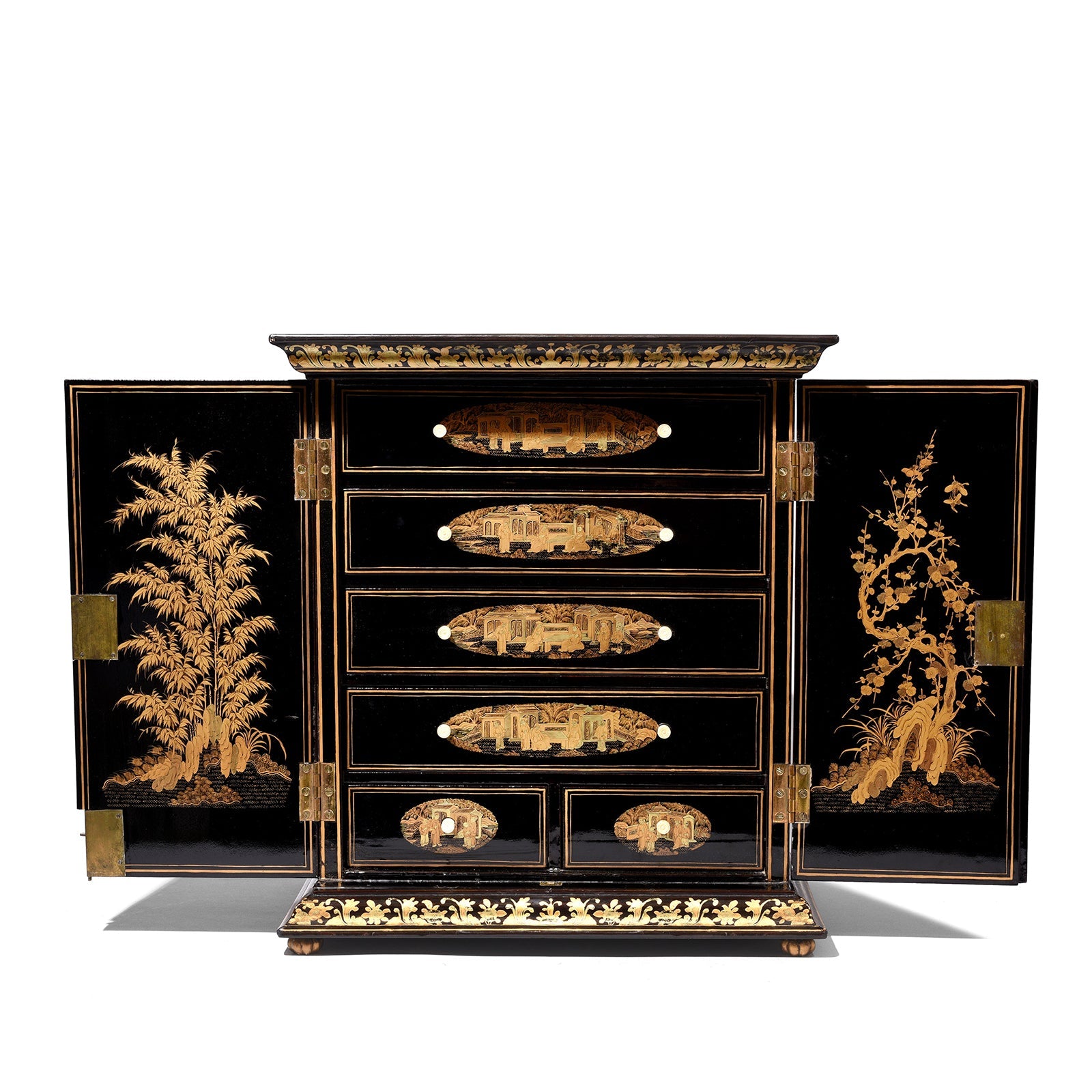 Gilt Black Lacquer Chinese Export Jewellery Cabinet - Early 19thC