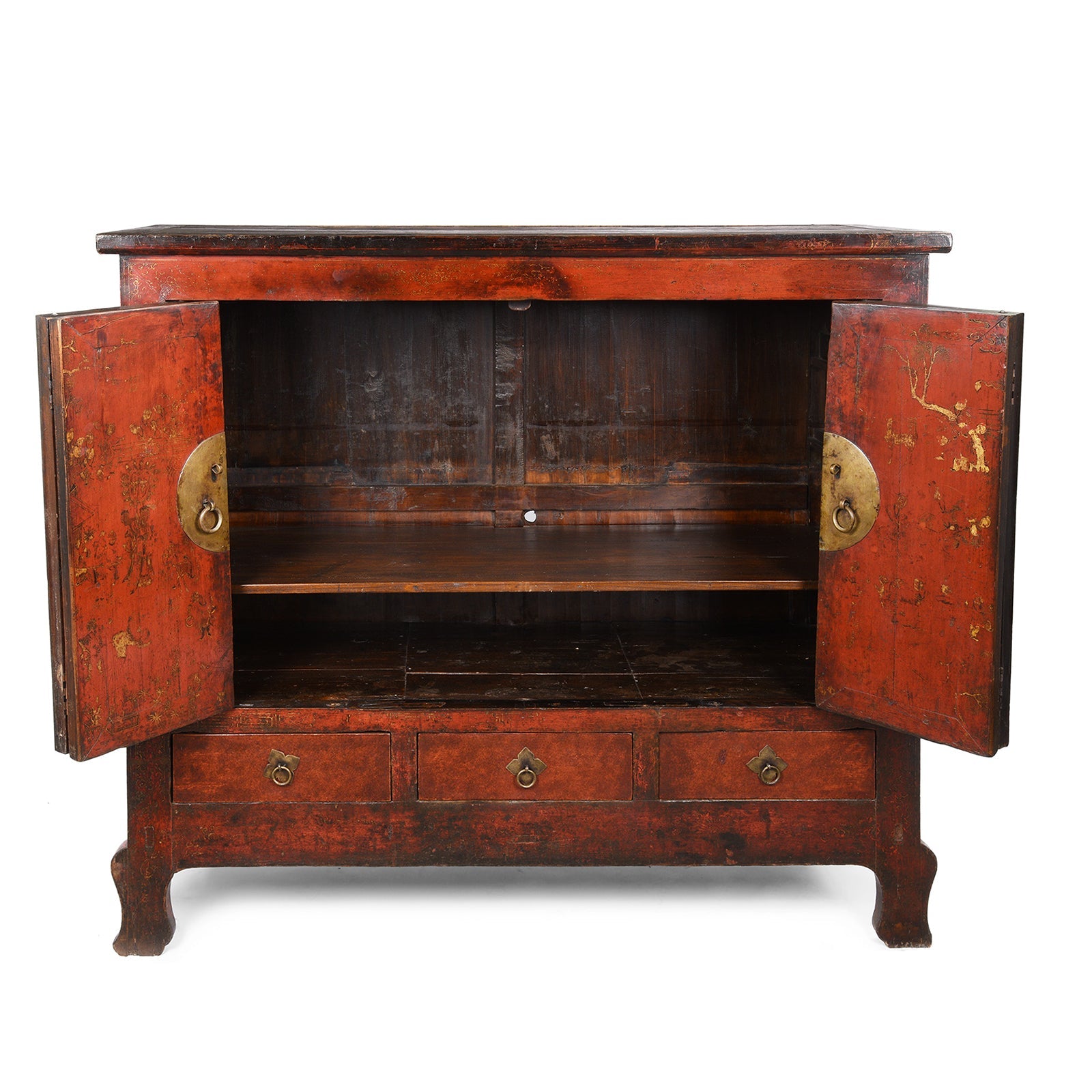 Chinese Gilt Red Lacquer Cabinet From Gansu - 19thC