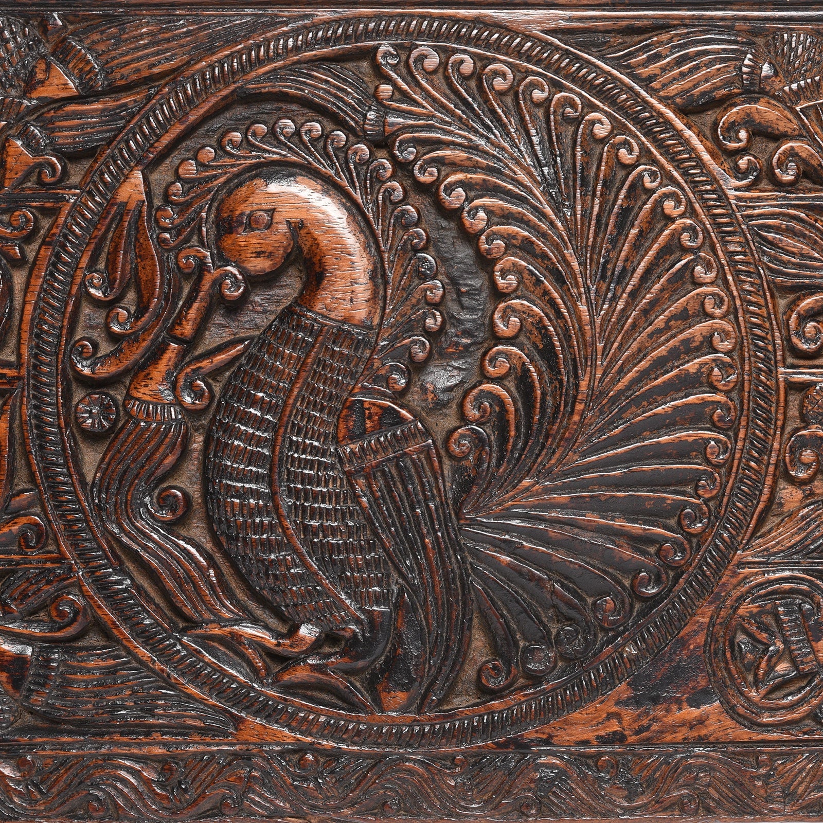 Carved Teak Peacock Lintel Panel From Andra Pradesh - 18thC