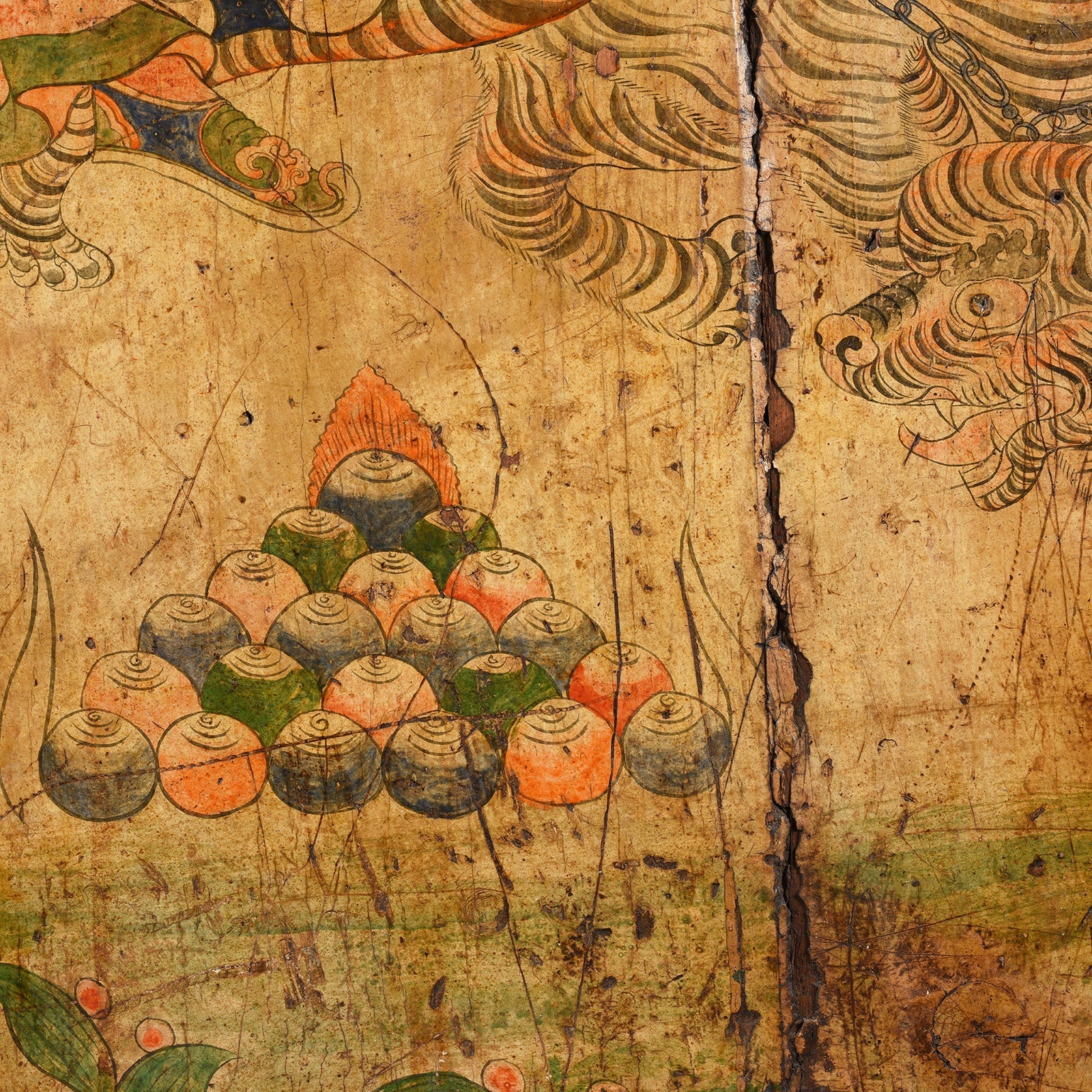 Tibetan Painted Panel of Güsh Khaan With Tiger - 18thC