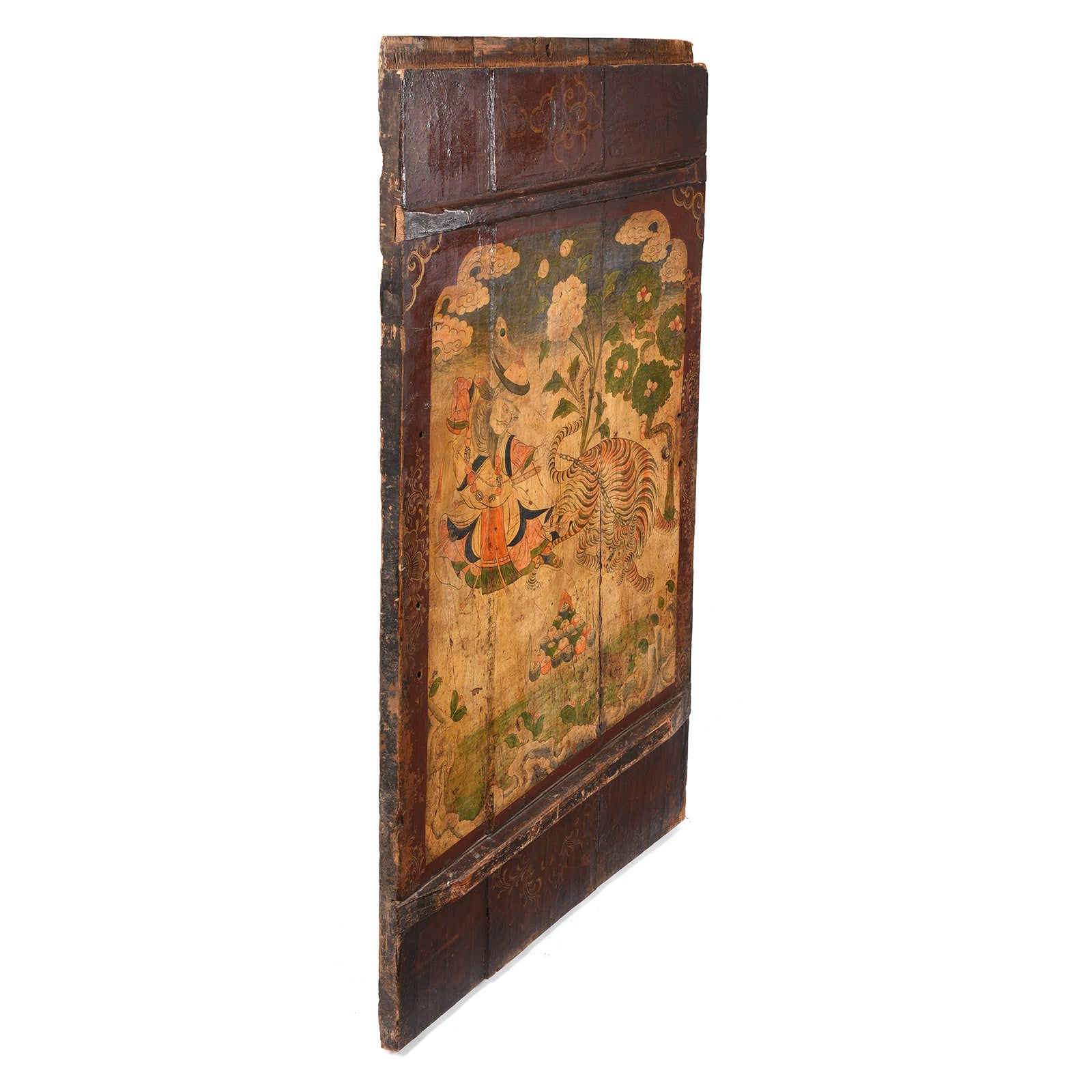 Tibetan Painted Panel of Güsh Khaan With Tiger - 18thC