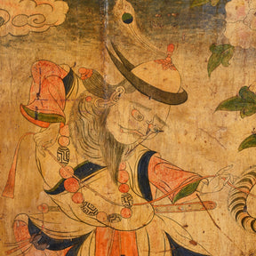 Tibetan Painted Panel of Güsh Khaan With Tiger - 18thC