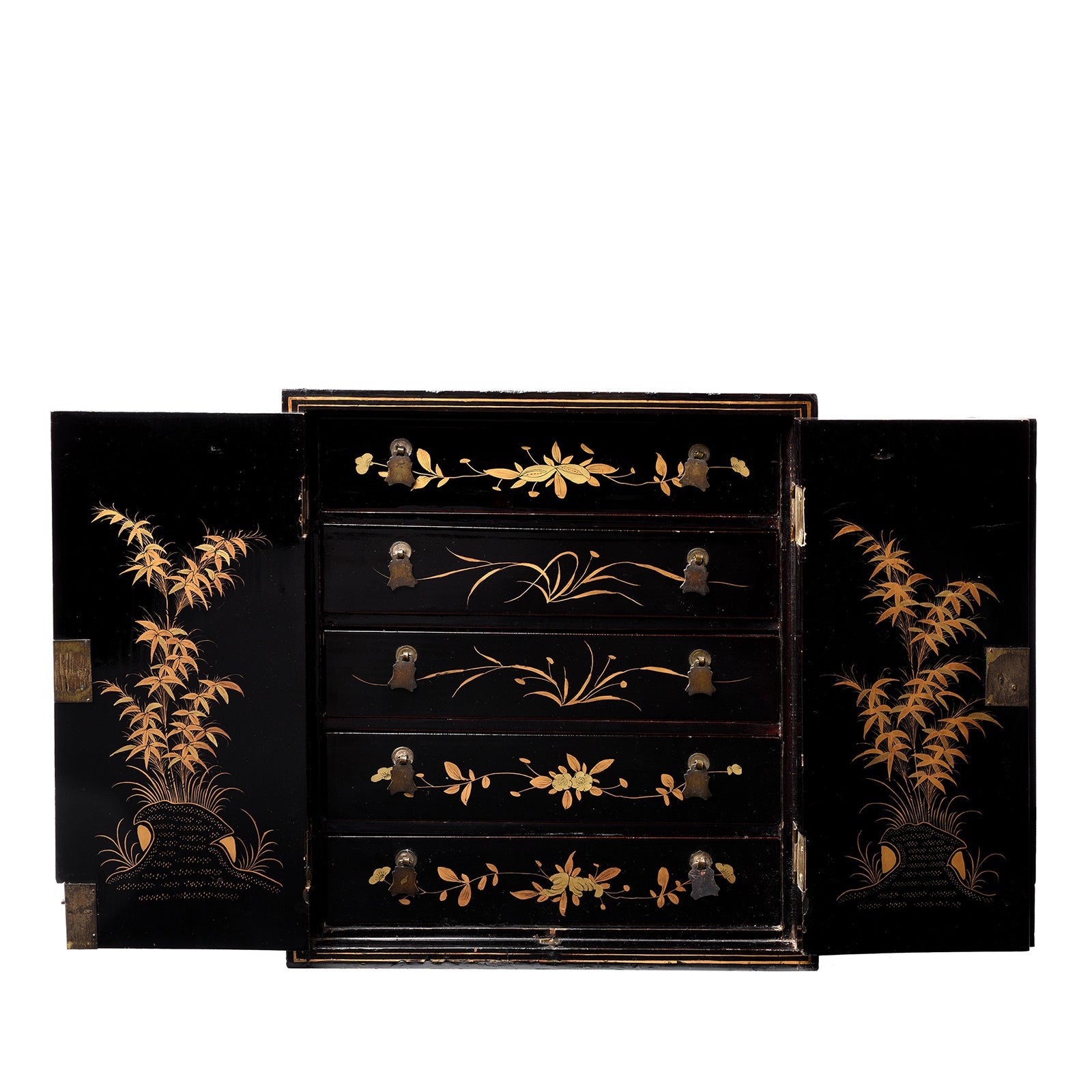Gilt Black Lacquer Canton Export Jewellery Cabinet - 19th Century