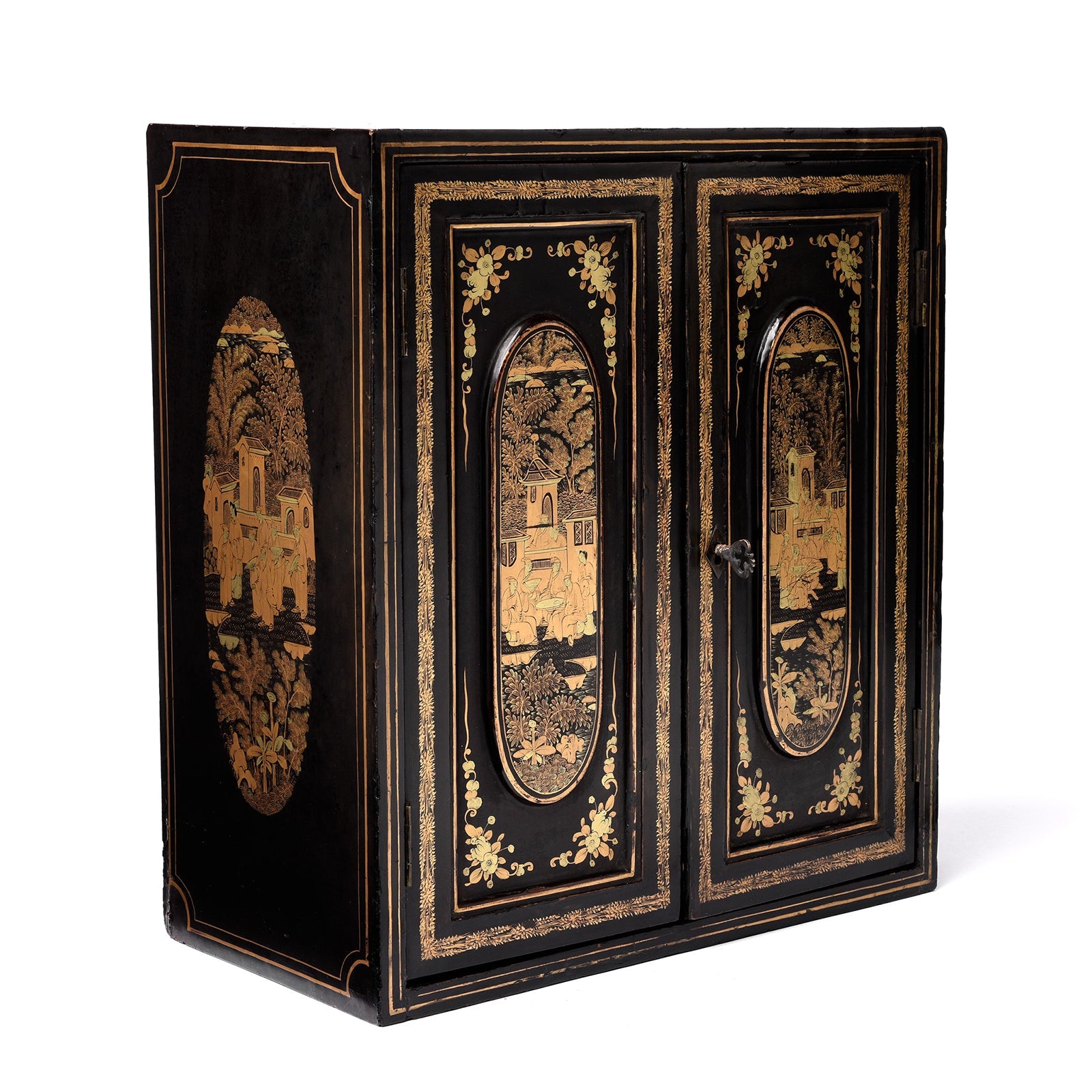 Gilt Black Lacquer Canton Export Jewellery Cabinet - 19th Century