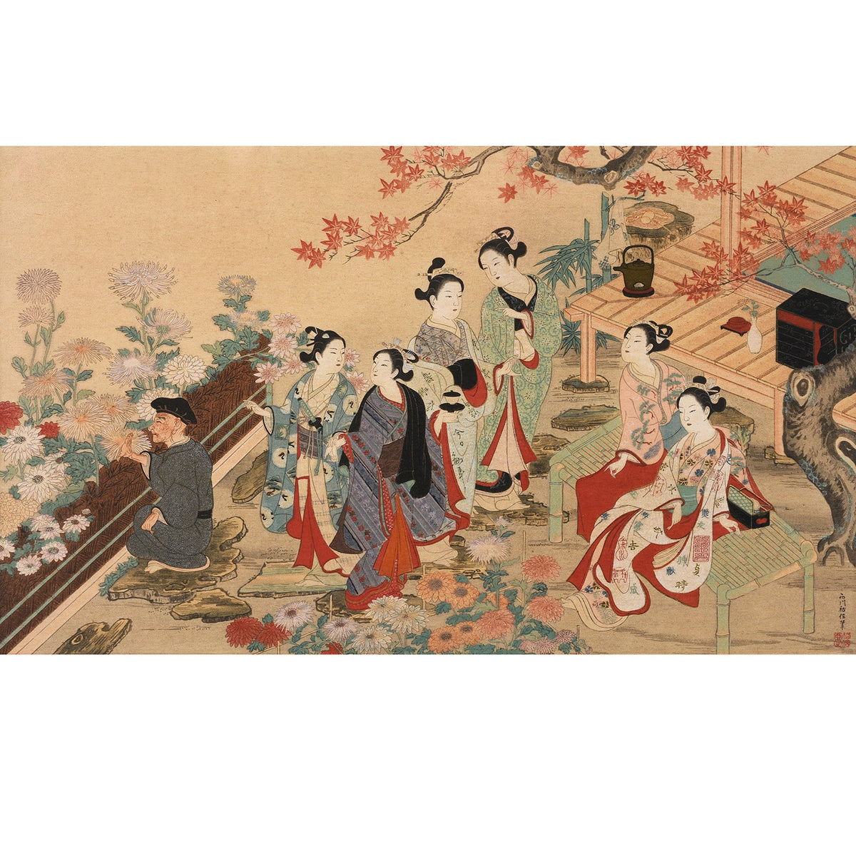 'Visit To The Garden' Japanese Woodblock by Nishikawa Sukenobu