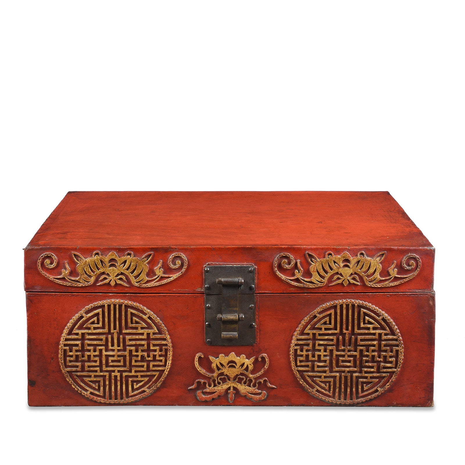 Red Leather Parcel Gilt Trunk from Shanghai - Late 19th Century
