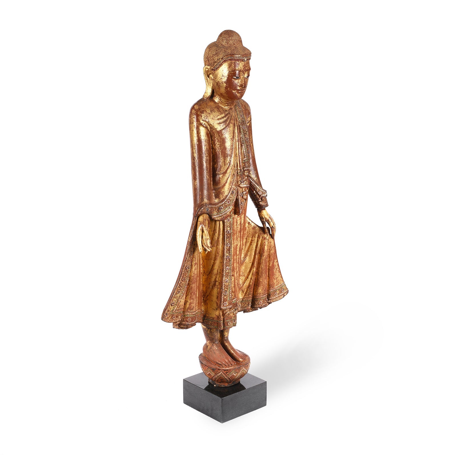 Gilded Teak Standing Mandalay Buddha - Late 19thC