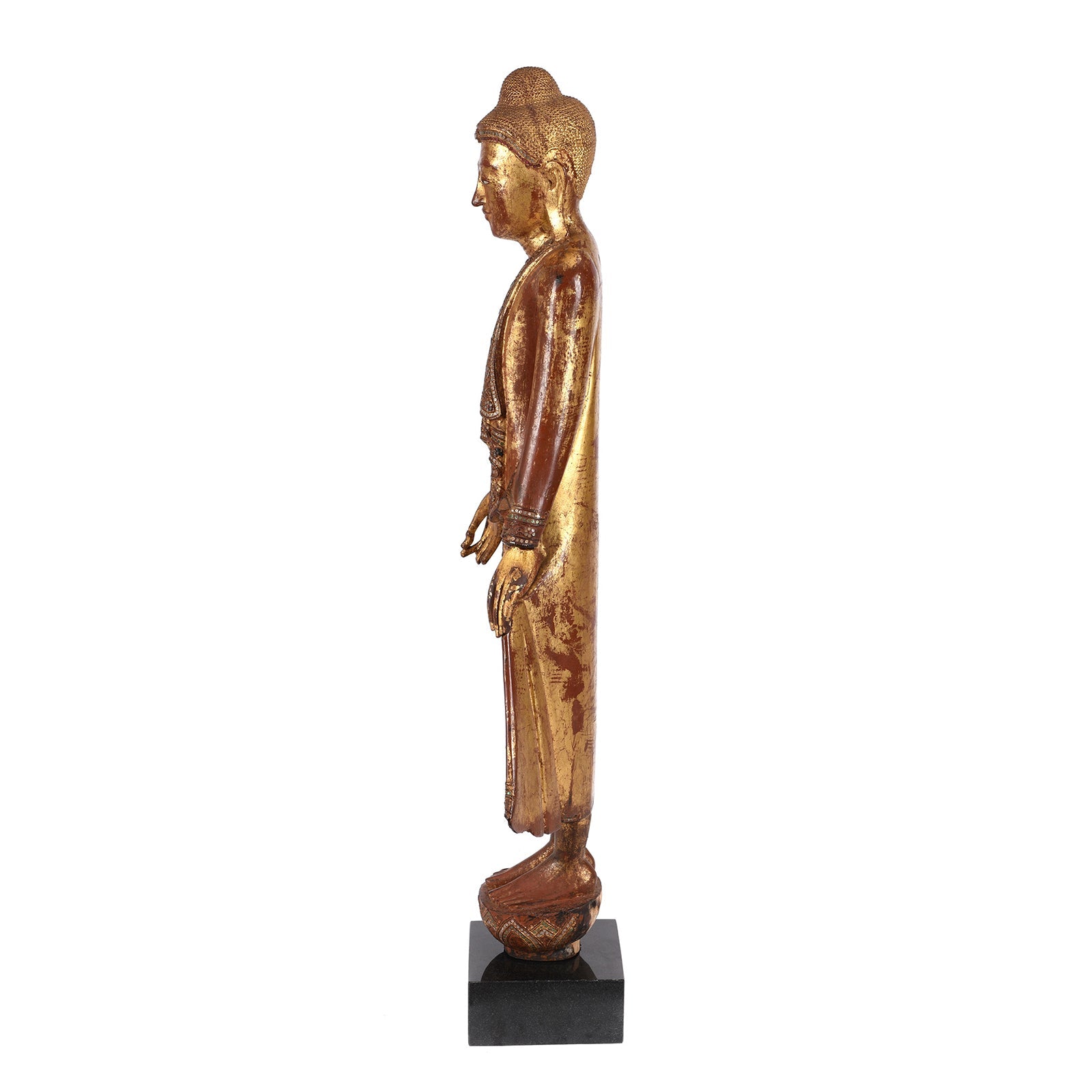 Gilded Teak Standing Mandalay Buddha - Late 19thC