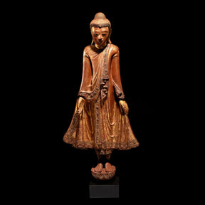 Gilded Teak Standing Mandalay Buddha - Late 19thC