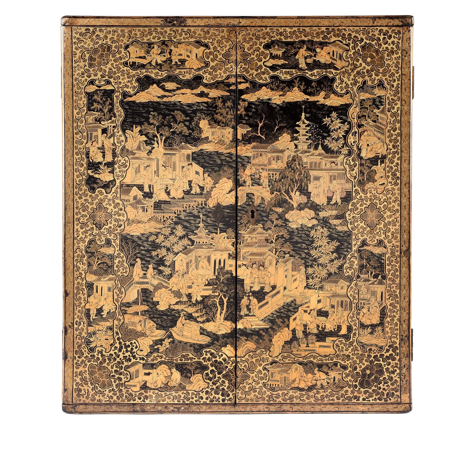 Gilt Black Lacquer Chinese Export Jewellery Cabinet - Early 19thC