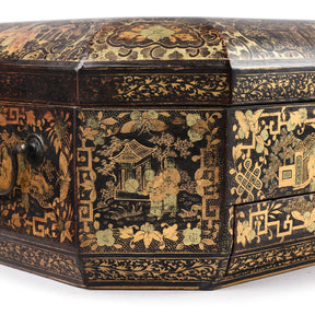 Gilt Black Lacquer Chinese Export Sewing Box - Early 19th Century