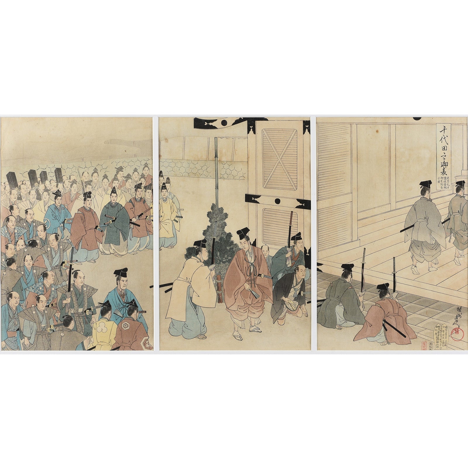 'Visiting Edo Castle on New Years Day' Original Woodblock by Toyohara Chikanobu - Ca 1897