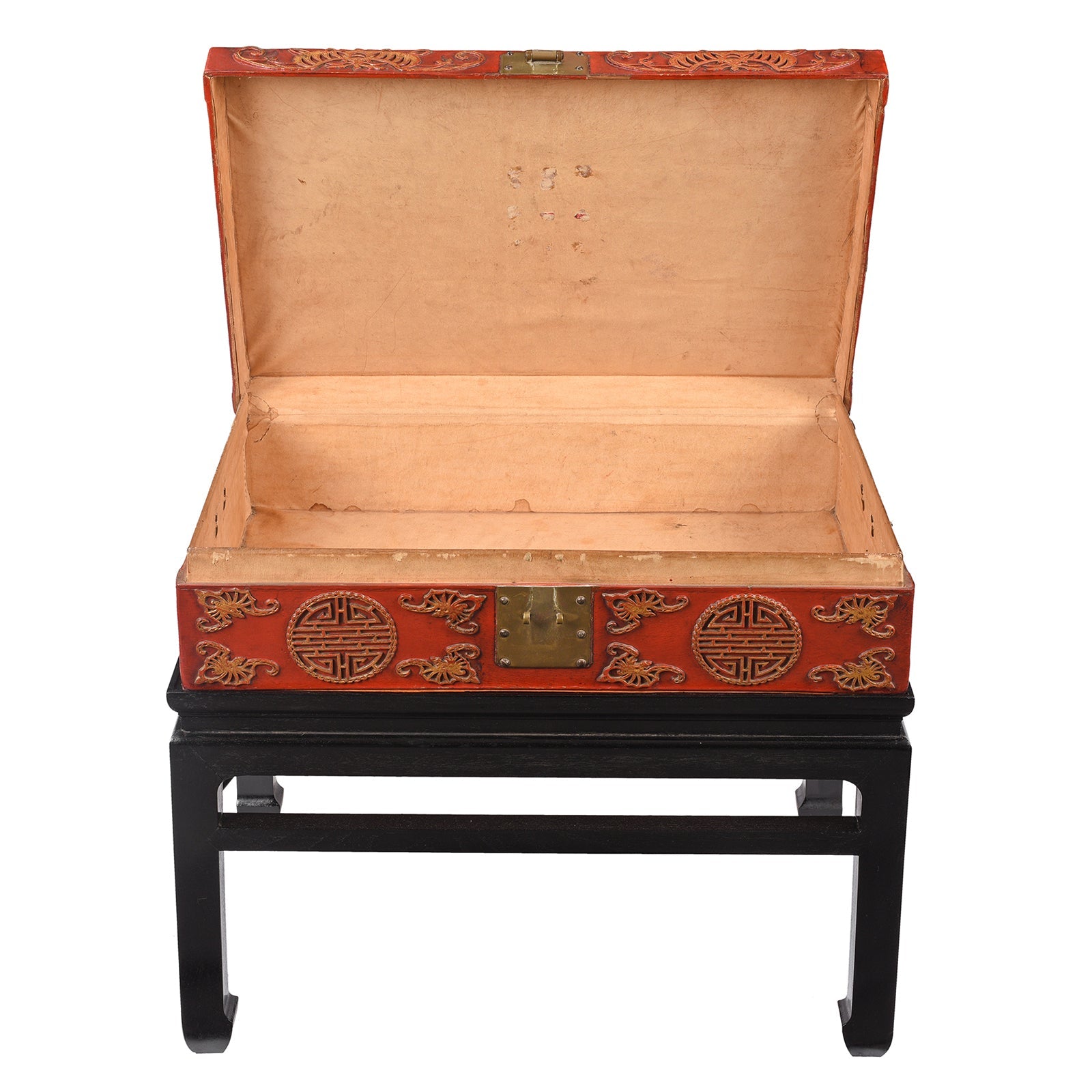 Red Leather Parcel Gilt Trunk On Stand - Late 19th Century