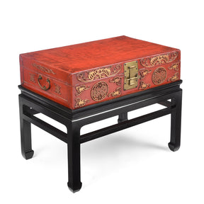 Red Leather Parcel Gilt Trunk On Stand - Late 19th Century