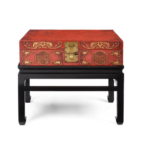 Red Leather Parcel Gilt Trunk On Stand - Late 19th Century