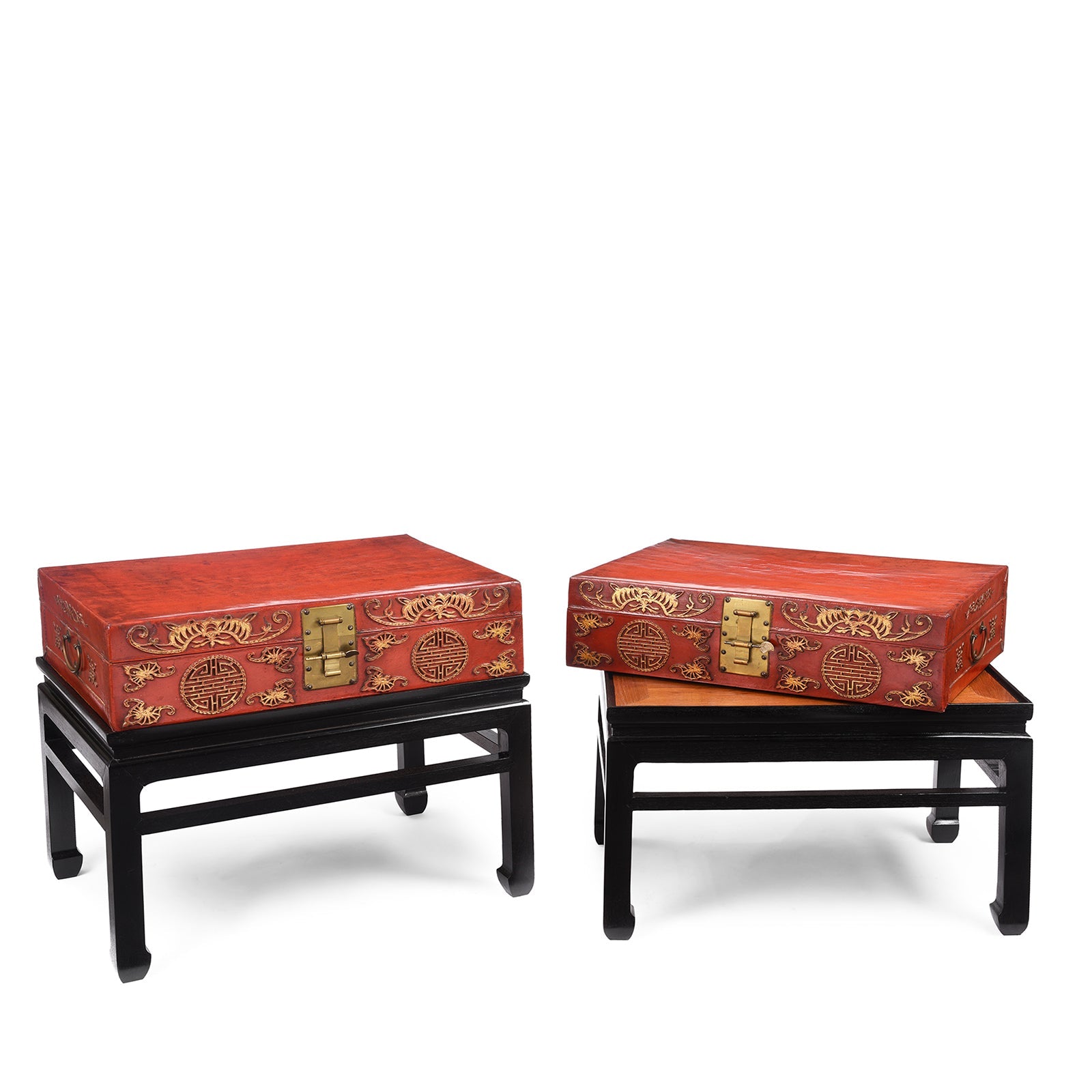 Red Leather Parcel Gilt Trunk On Stand - Late 19th Century