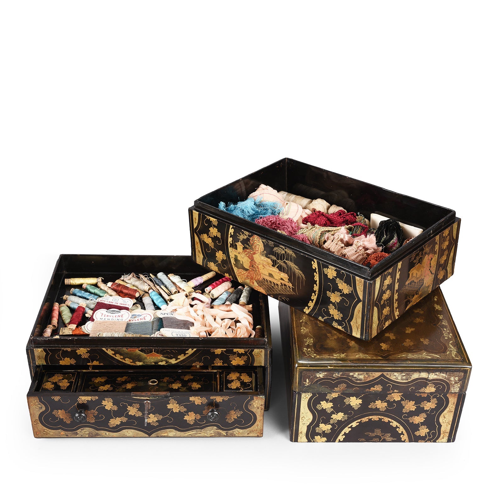 Canton Export Black Lacquer Stacking Haberdashery Box - Qing Dynasty