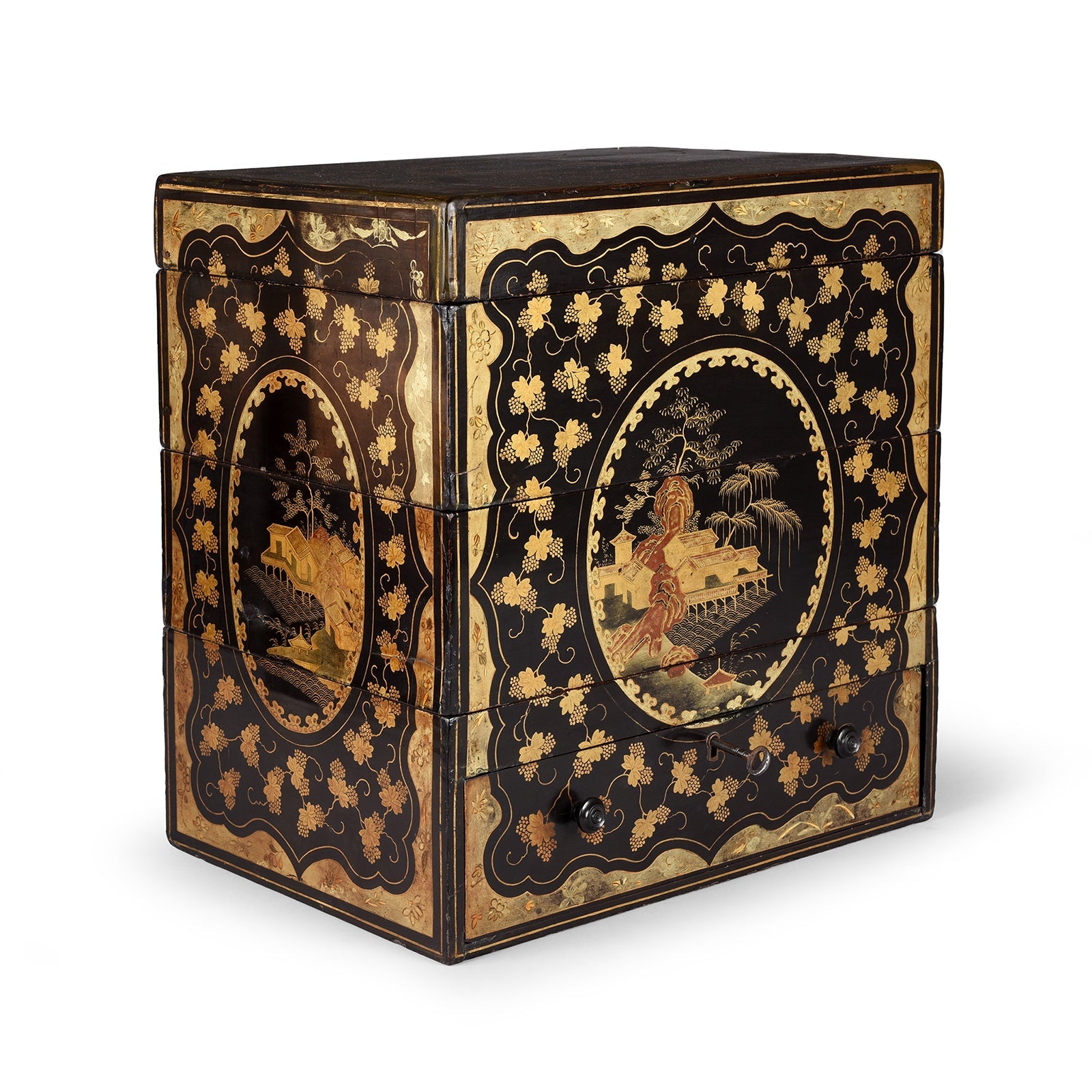 Canton Export Black Lacquer Stacking Haberdashery Box - Qing Dynasty