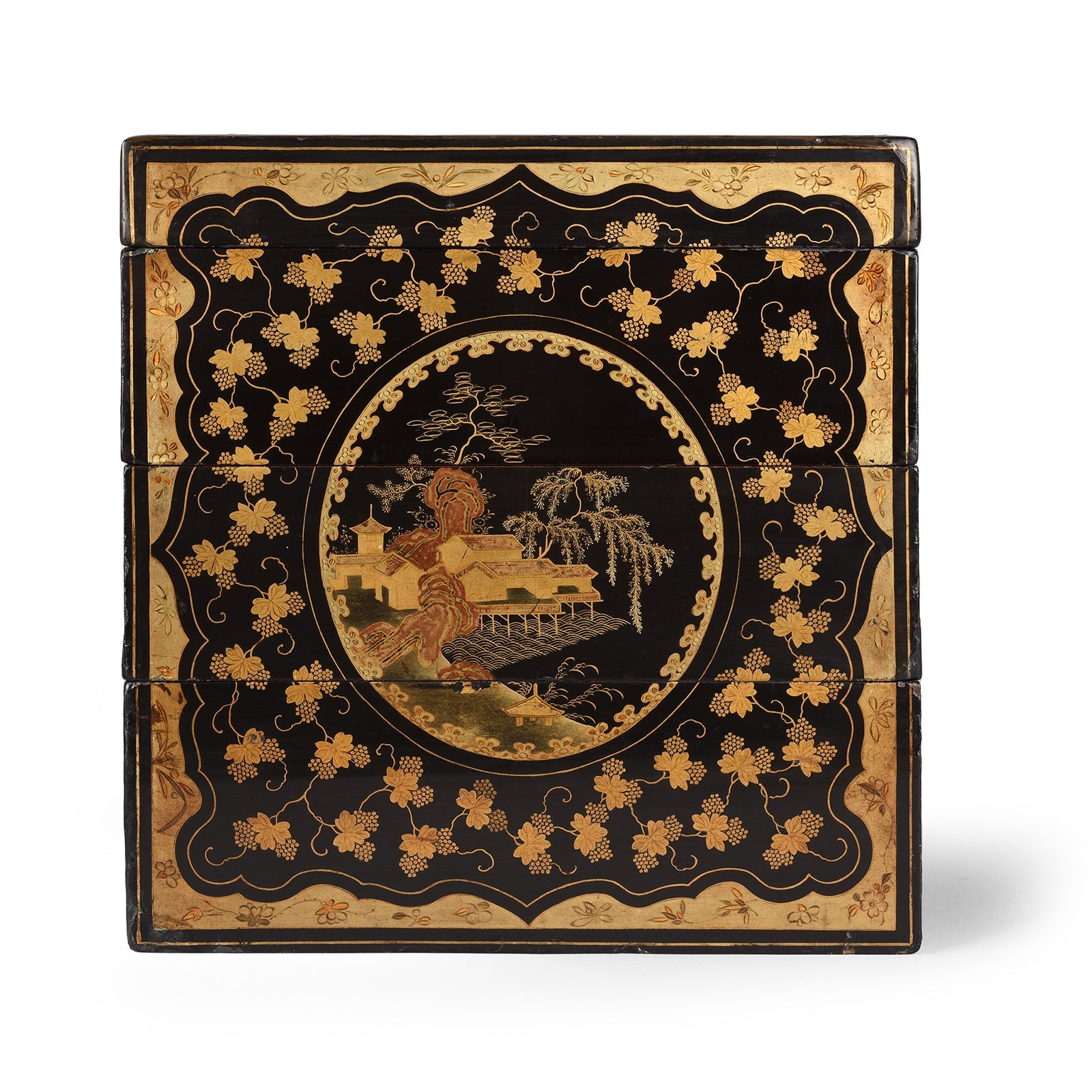 Canton Export Black Lacquer Stacking Haberdashery Box - Qing Dynasty