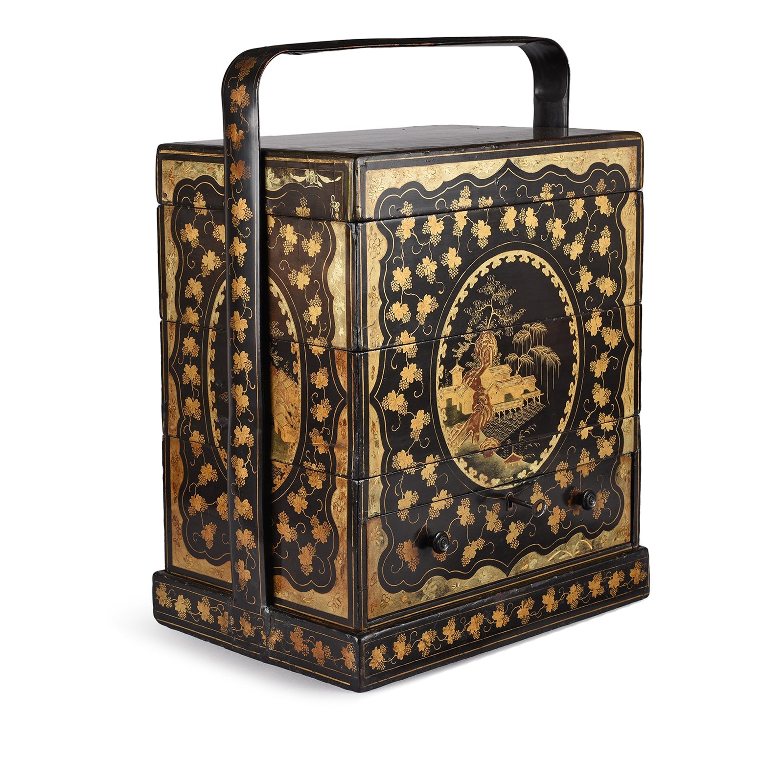Canton Export Black Lacquer Stacking Haberdashery Box - Qing Dynasty