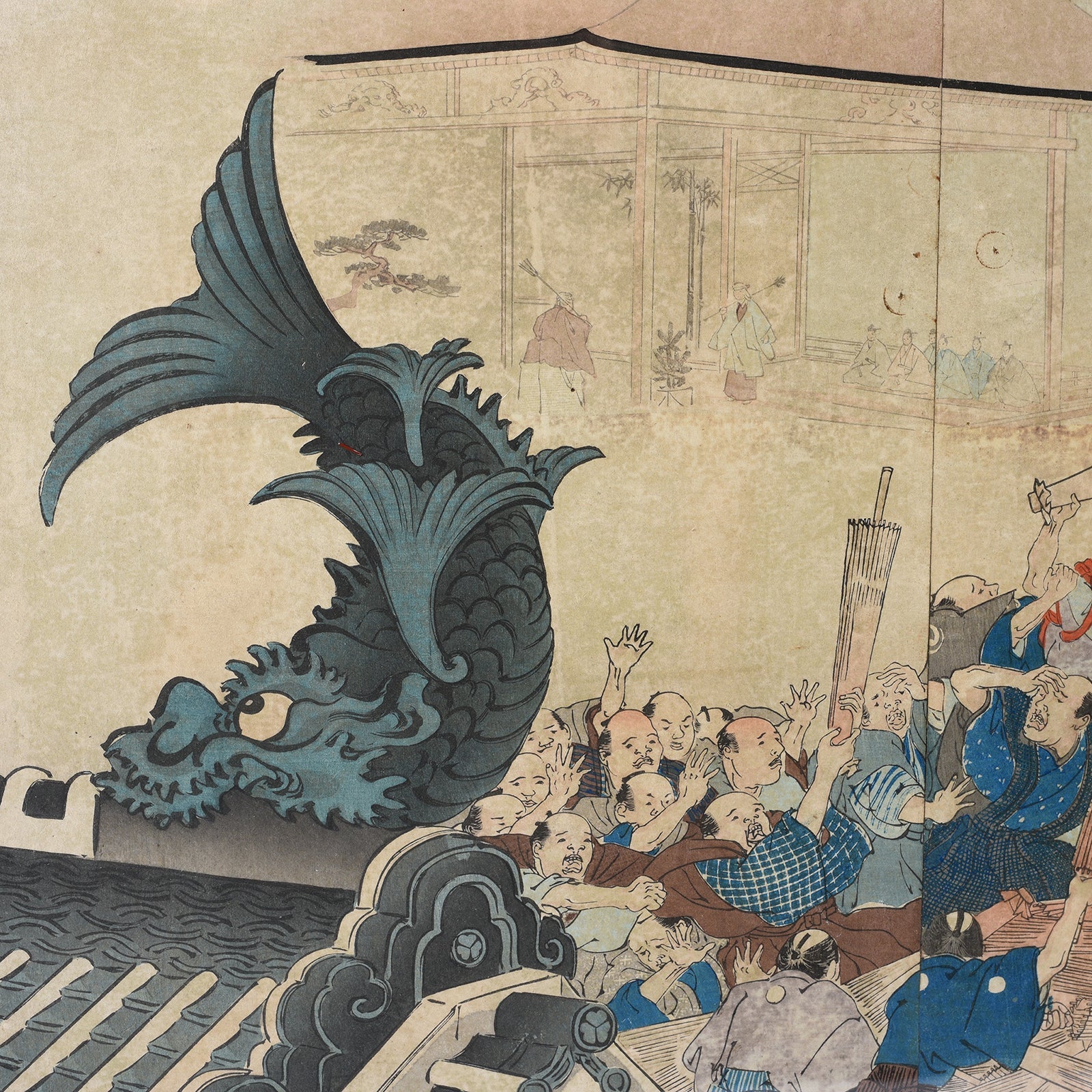 'Umbrella Give Away' Original Woodblock Triptych by Toyohara Chikanobu - Ca 1897
