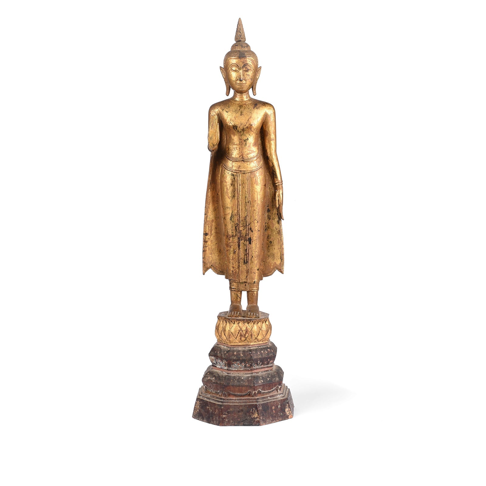 Gilt Teak Sukothai Style Standing Thai Buddha - Early 19th Century