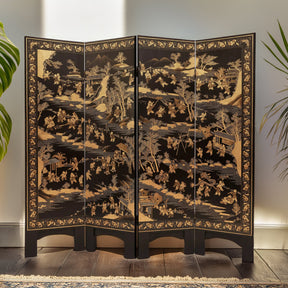 Chinese Black Lacquer Folding Screen - Ca 1980