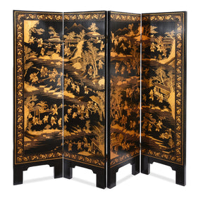 Chinese Black Lacquer Folding Screen - Ca 1980