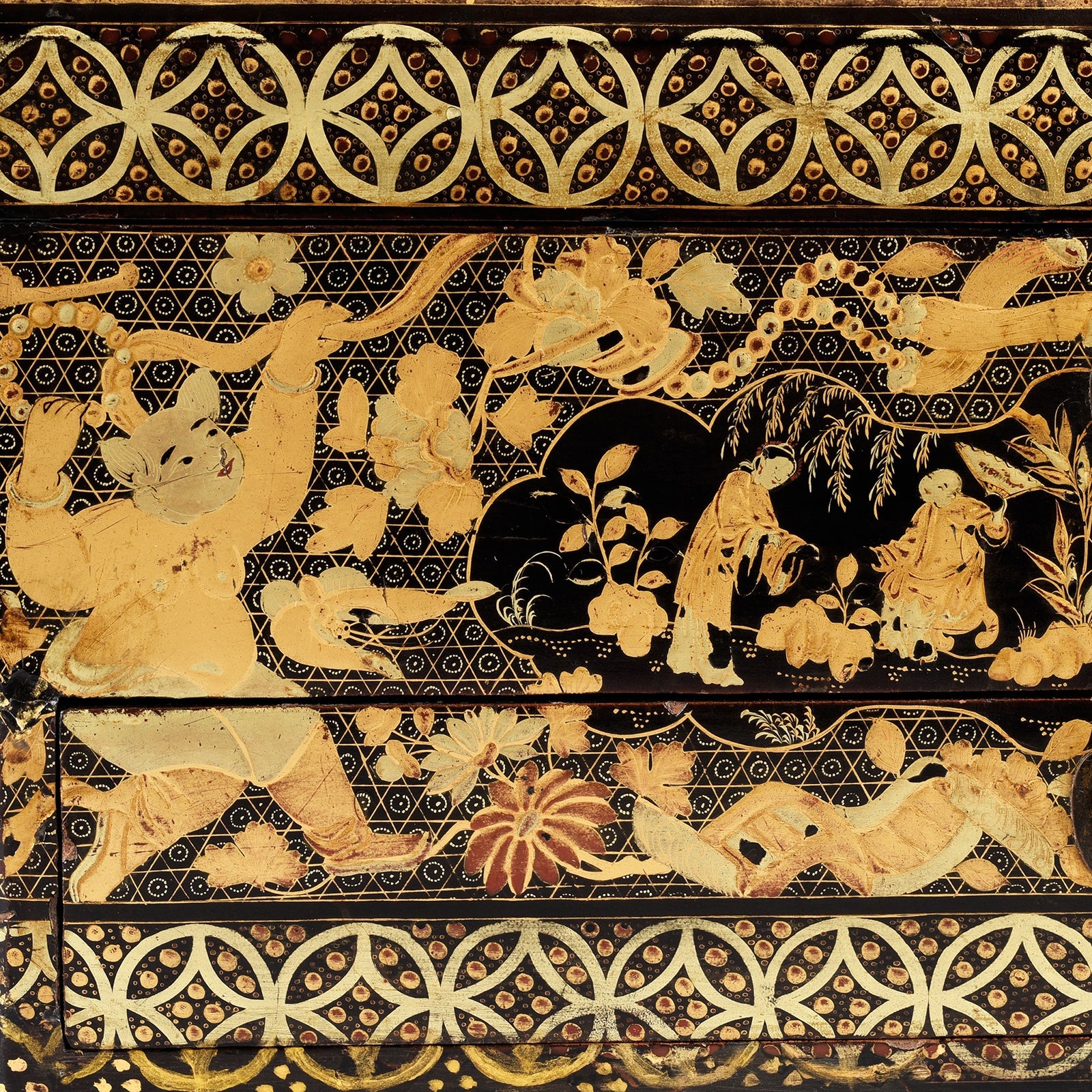 Canton Export Black Lacquer Work Box On Stand - 19th Century