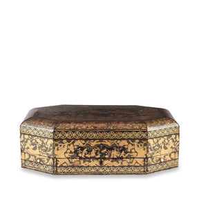 Canton Export Black Lacquer Work Box On Stand - 19th Century