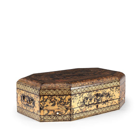 Canton Export Black Lacquer Work Box On Stand - 19th Century