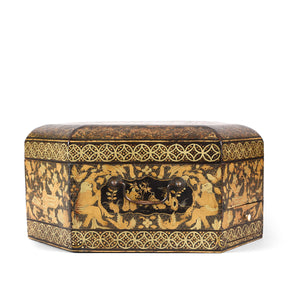 Canton Export Black Lacquer Work Box On Stand - 19th Century