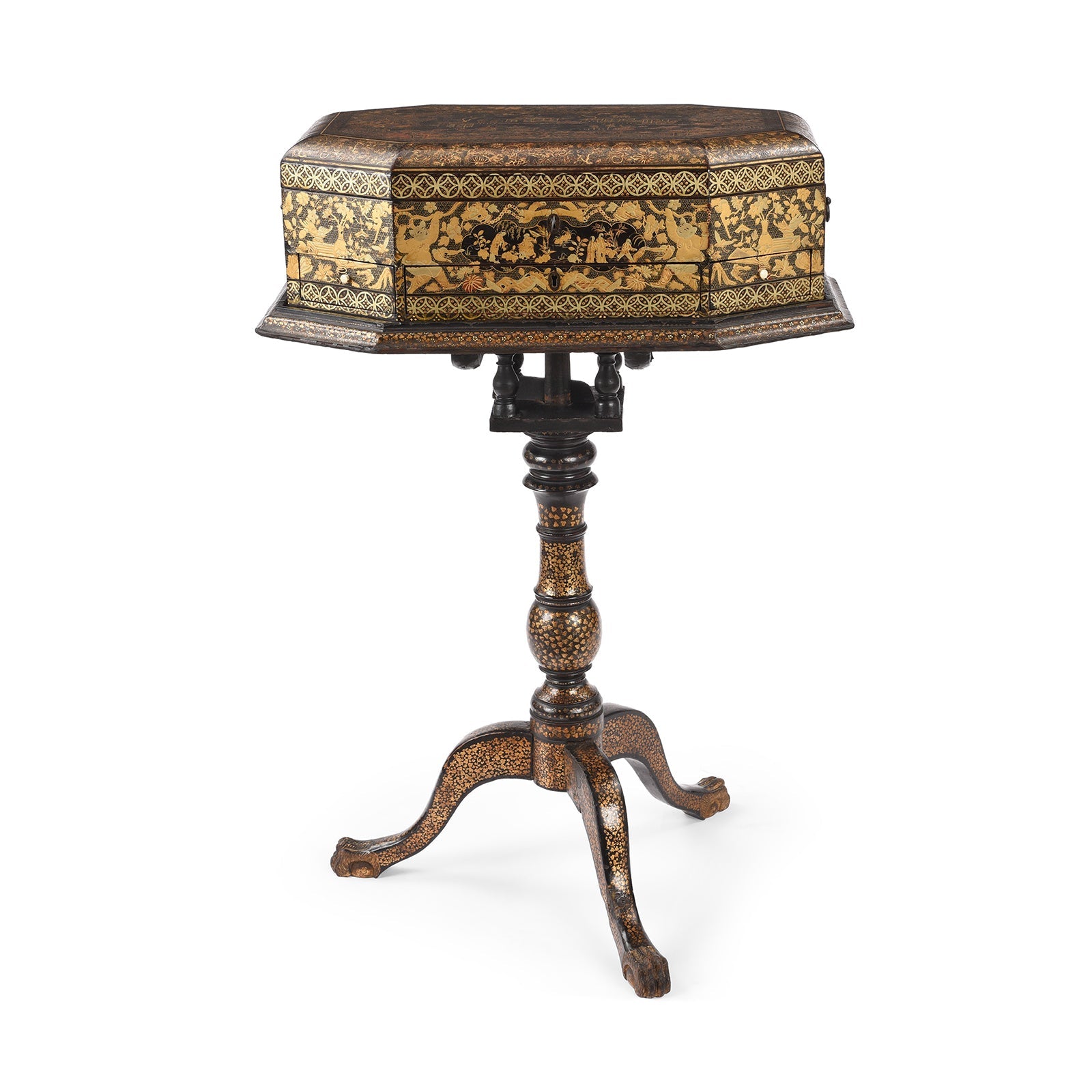 Canton Export Black Lacquer Work Box On Stand - 19th Century