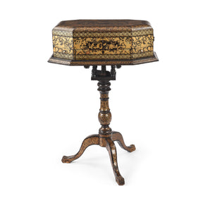 Canton Export Black Lacquer Work Box On Stand - 19th Century
