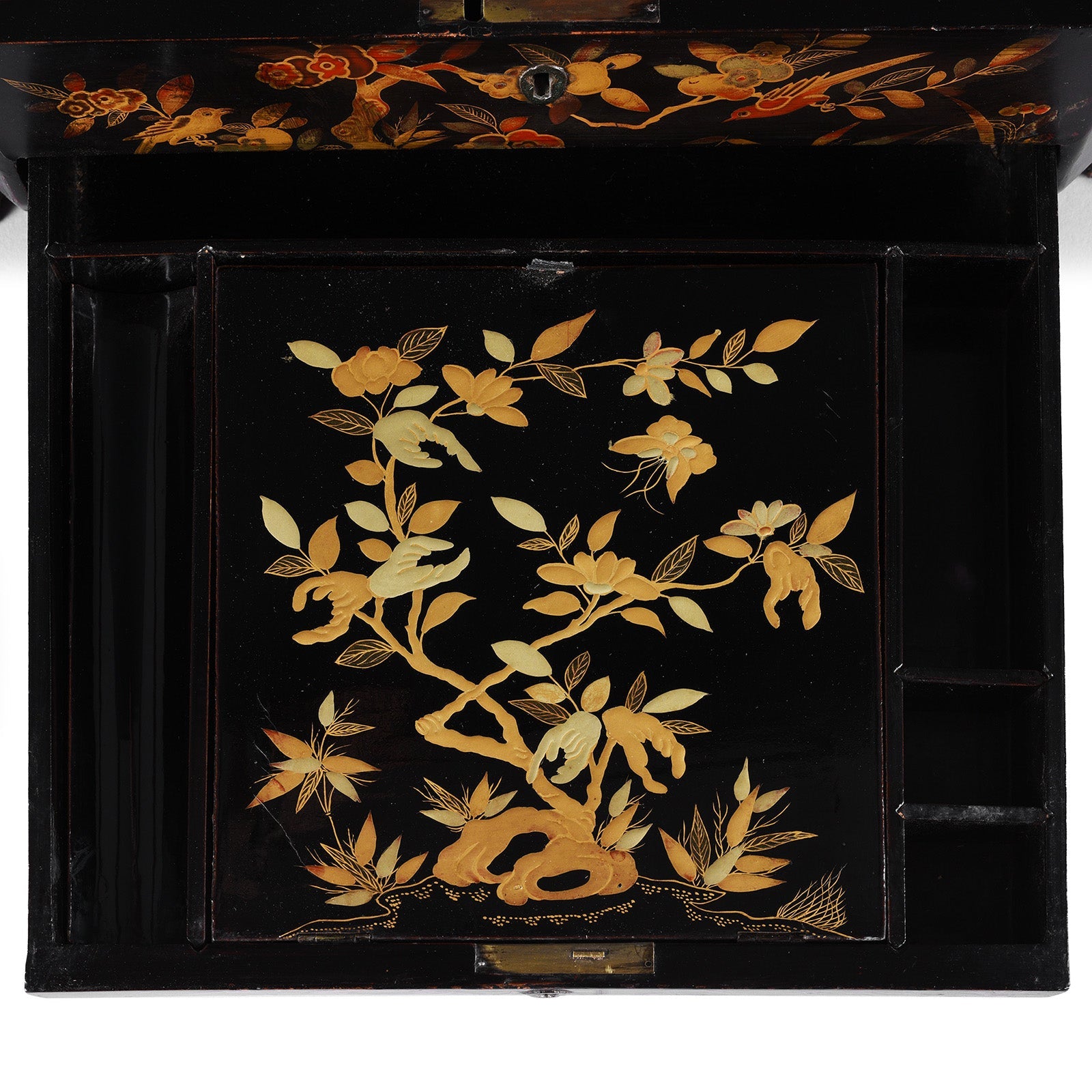 Canton Export Black Lacquer Sewing Box - Qing Dynasty - 19th Century