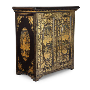 Gilt Black Lacquer Chinese Export Table Cabinet - Early 19th Century