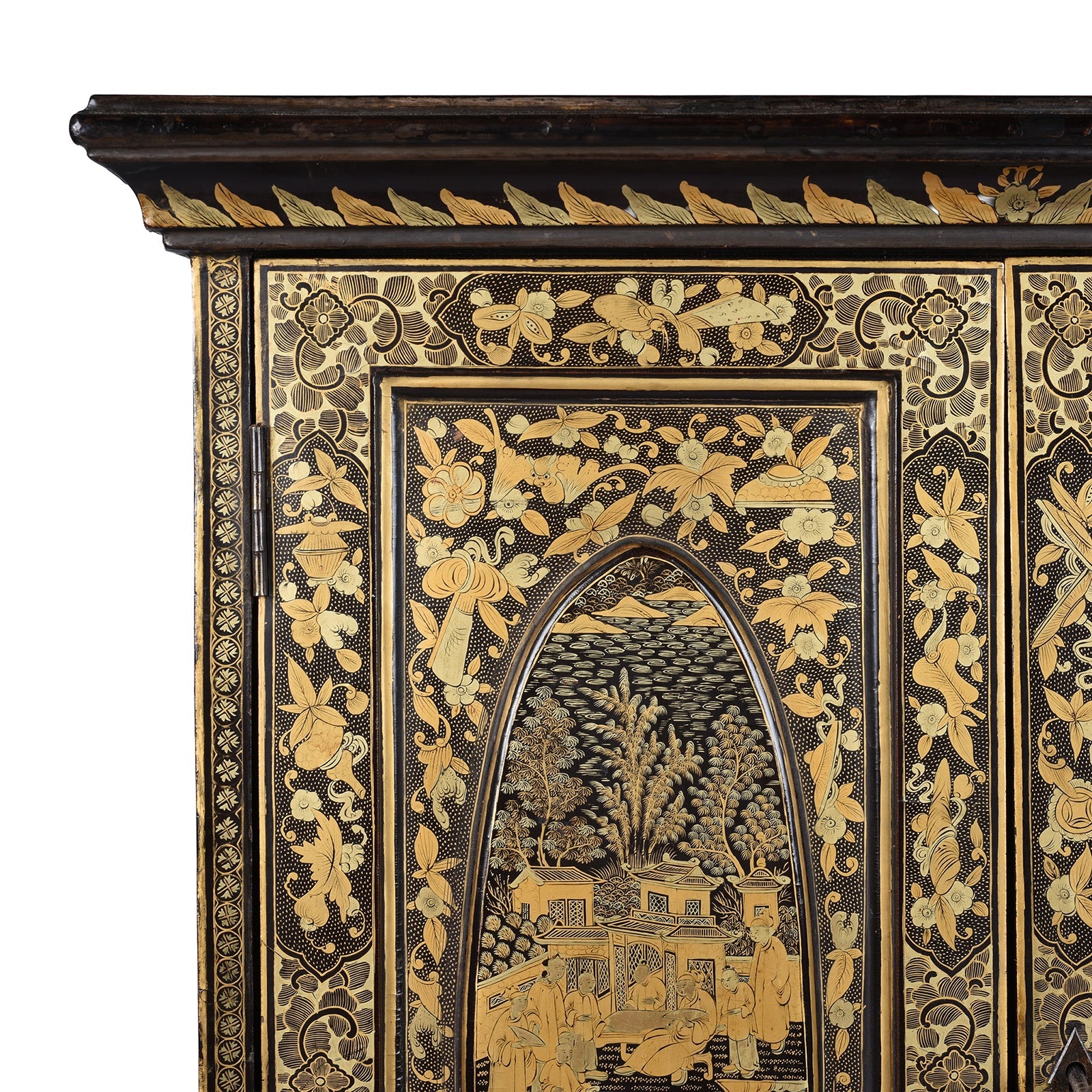 Gilt Black Lacquer Chinese Export Table Cabinet - Early 19th Century