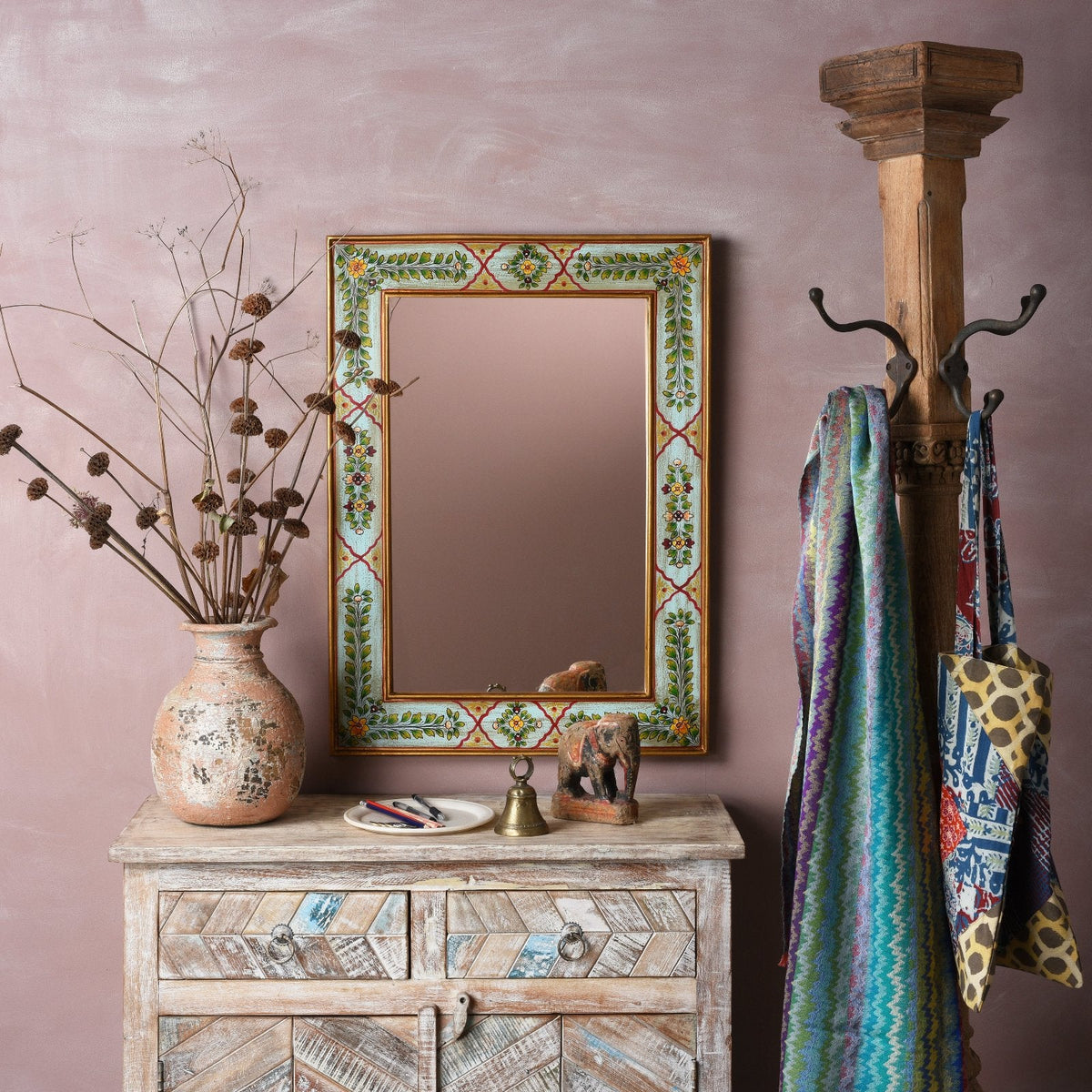 Aqua Green Hand Painted Indian Mirror