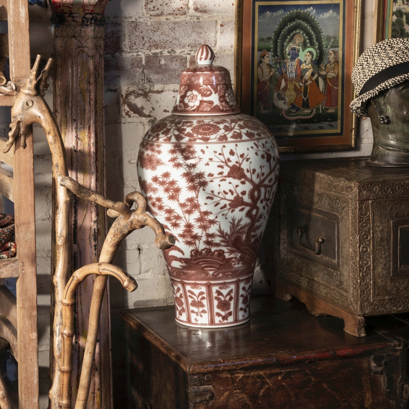 Copper Red Porcelain Temple Jar - Four Tree Design