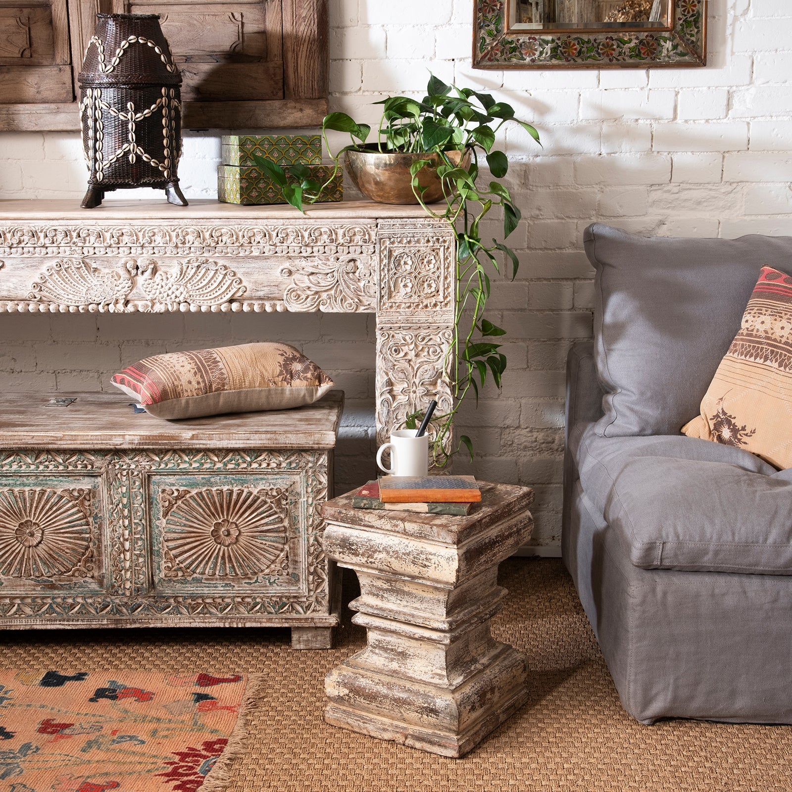 Large Painted Console Table Made From Reclaimed Teak