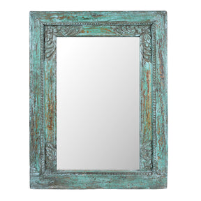 Green Painted Square Teak Mirror - 19th Century