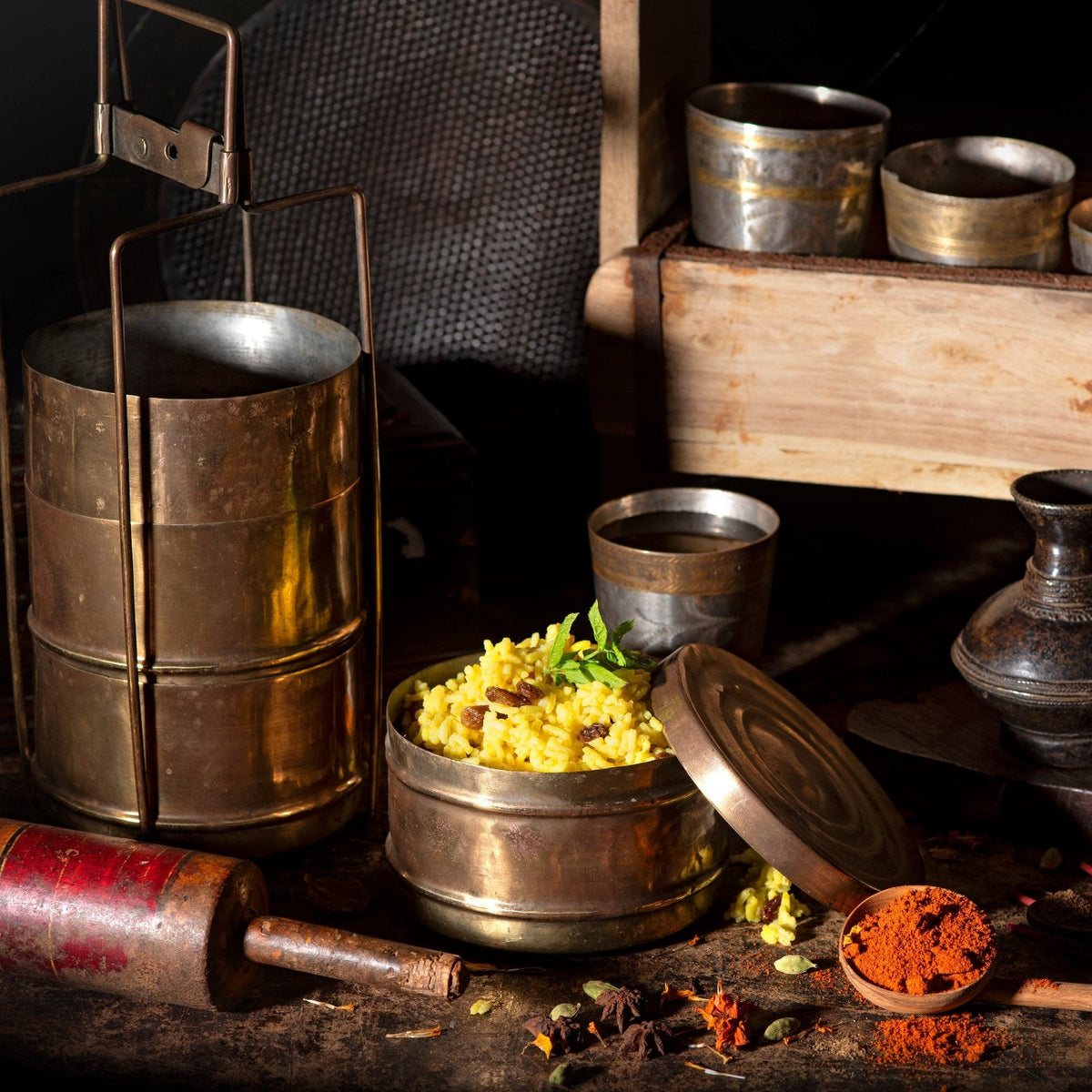3 Tier Indian Vintage Brass Tiffin Box Set - Ca 1930