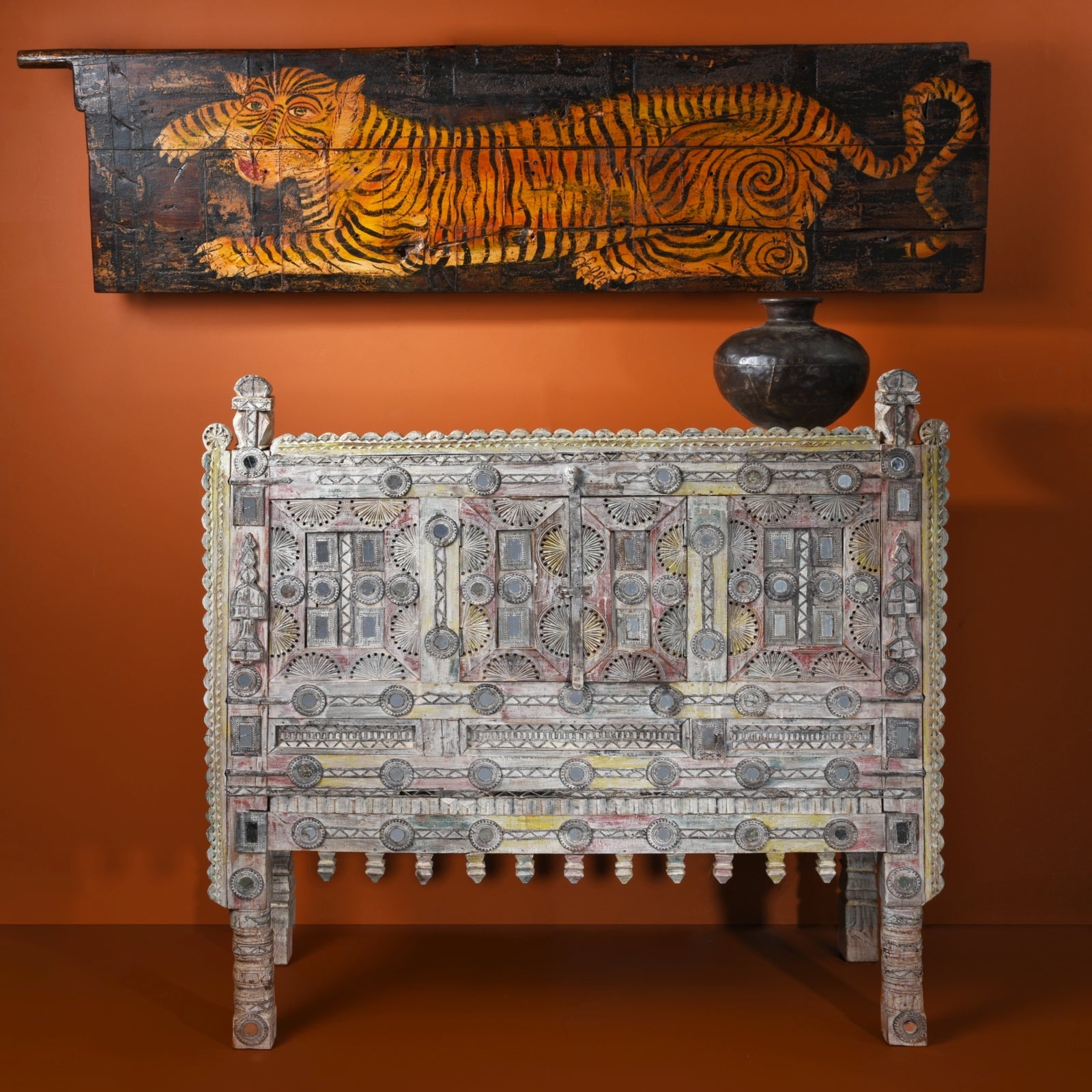 Vintage Painted Indian Tiger Panel