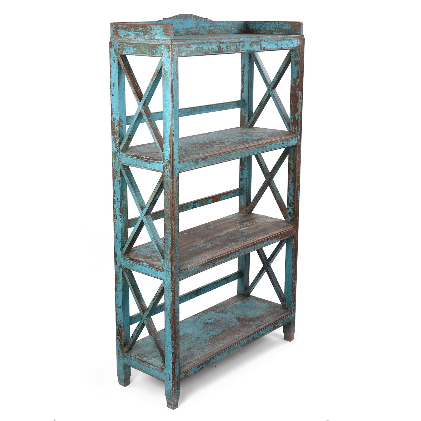 Vintage Blue Painted Indian Teak Shelf - Ca 1930