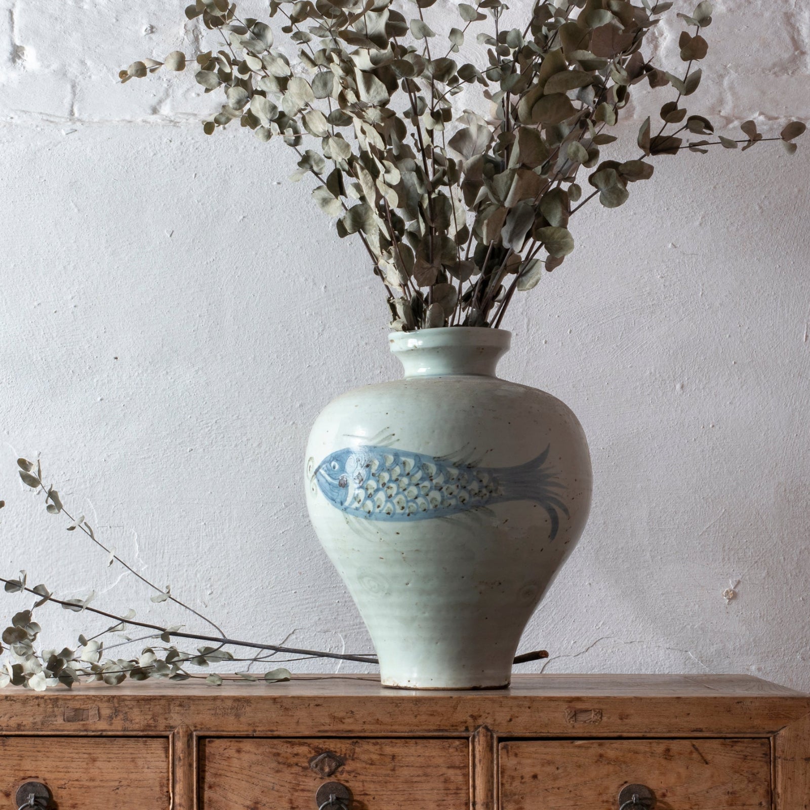 Provincial Style Blue & White Porcelain Jar - Fish Design