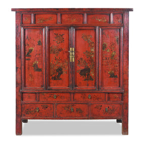 Chinese Red Lacquer Wedding Cabinet From Shanxi  -19th Century