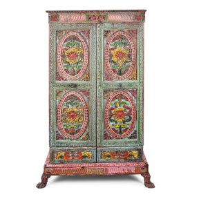 Painted Teak Almirah Cabinet With Carved Panels - Early 19th Century